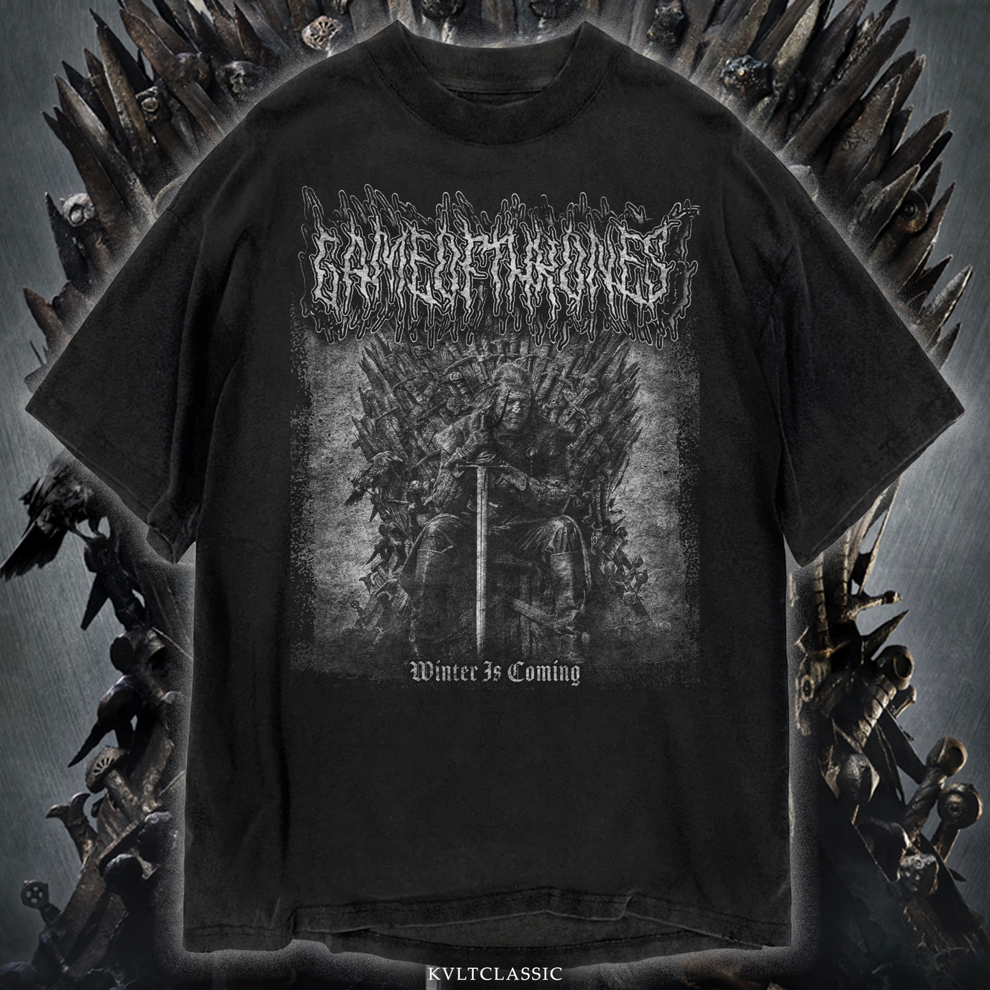 Black t-shirt featuring Game of Thrones logo, Iron Throne, and Winter Is Coming text.