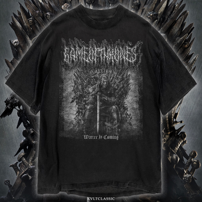 Black t-shirt featuring Game of Thrones logo, Iron Throne, and Winter Is Coming text.