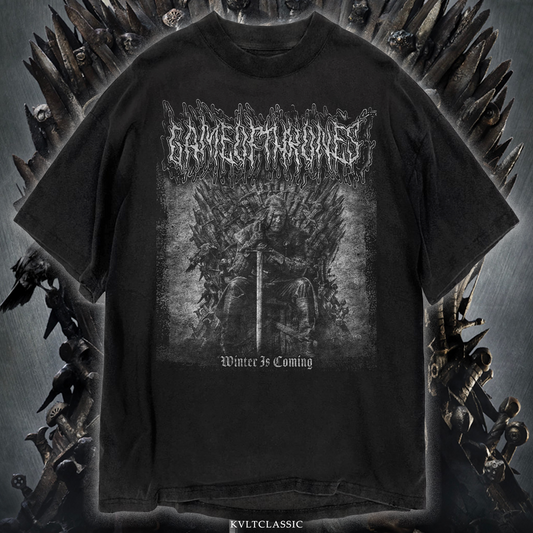 Black t-shirt featuring Game of Thrones logo, Iron Throne, and Winter Is Coming text.