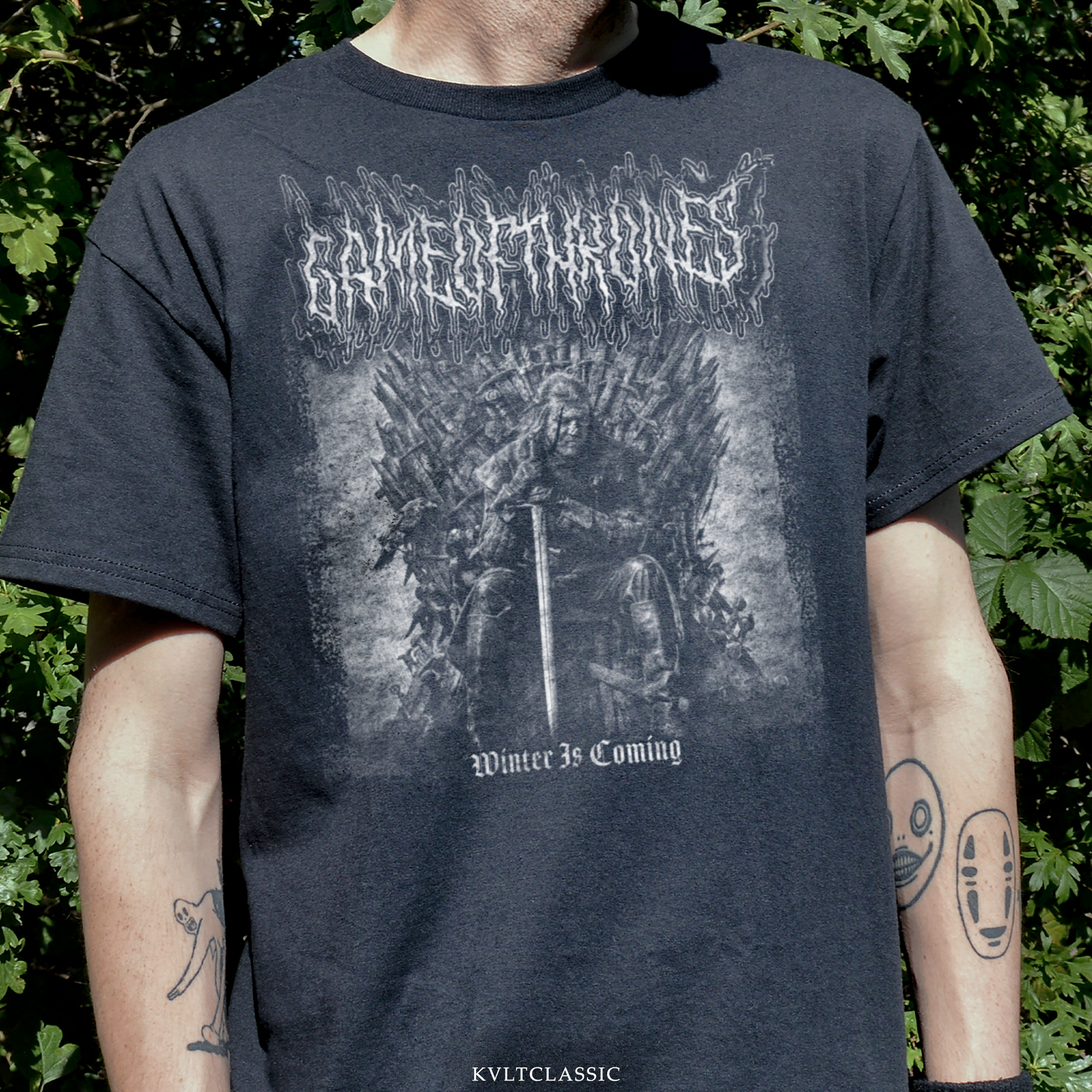Black t-shirt with Game of Thrones logo, man on Iron Throne, and "Winter is Coming" text.