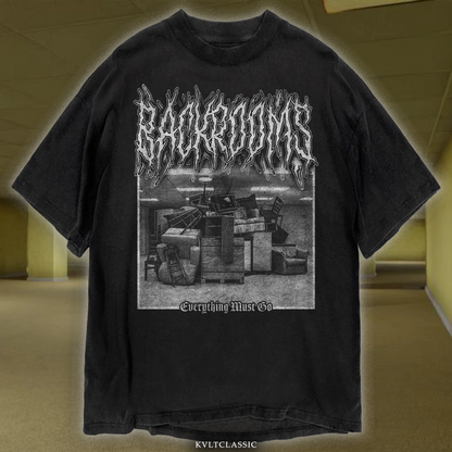 Black t-shirt with "BACKROOMS" and "Everything Must Go" text and image of piled furniture.