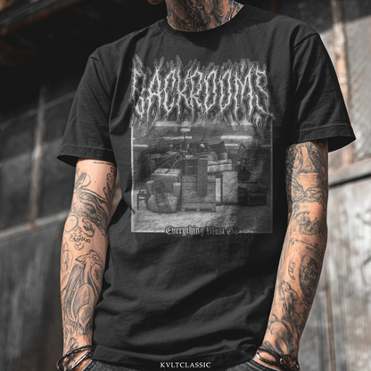 Black t-shirt with "BACKROOMS Everything Must Go" text and pile of furniture graphic.