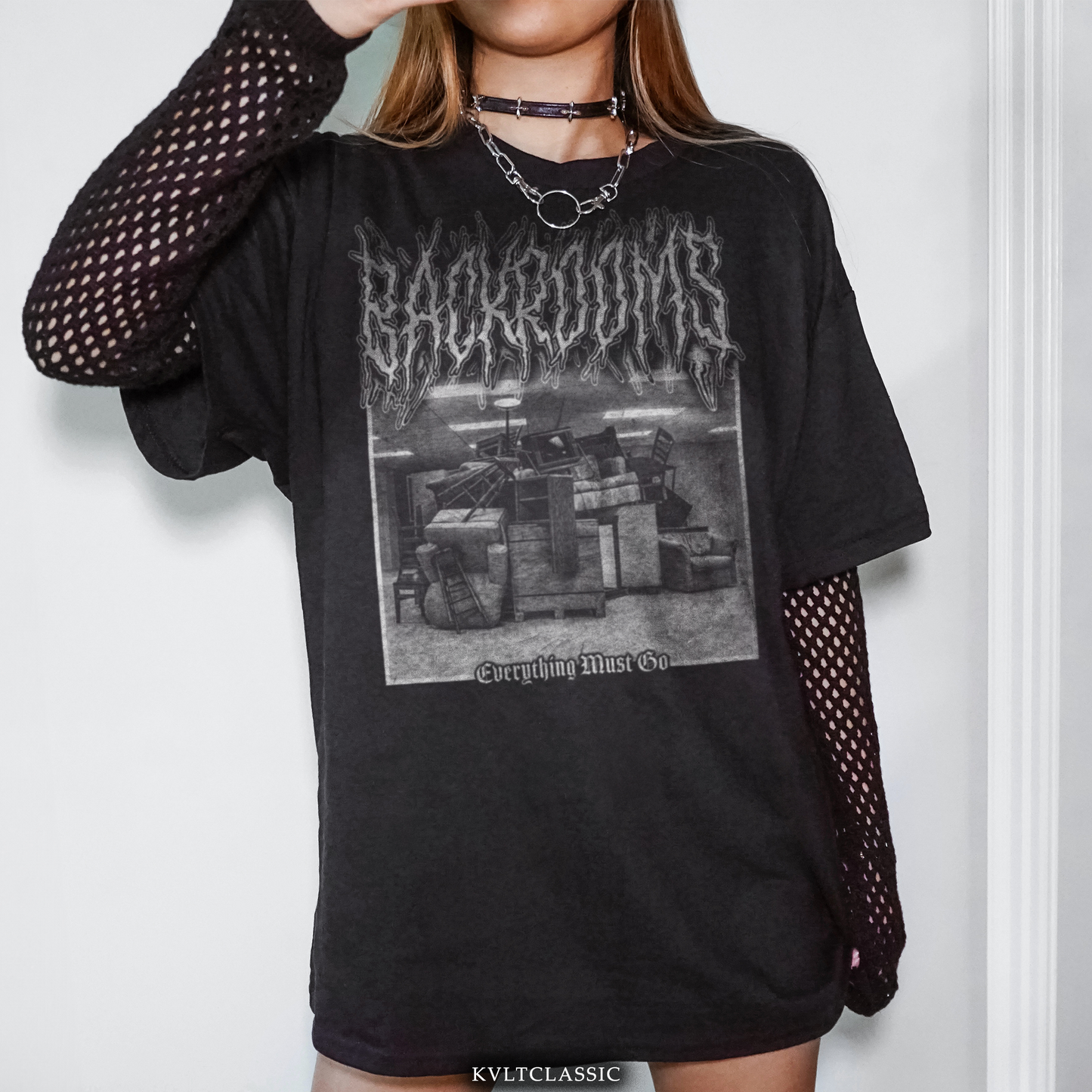 Black t-shirt with "BACKROOMS" graphic and "Everything Must Go" text.